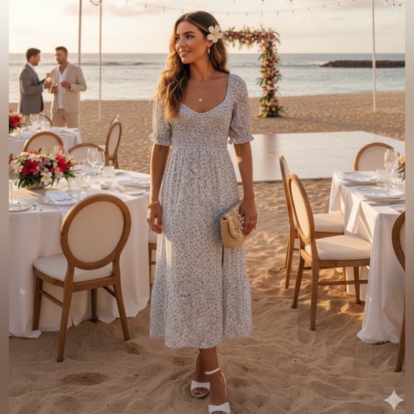 Abercrombie and Fitch Dress Womens XS Blue White Floral Smocked Boho Prairie - Picture 4 of 16